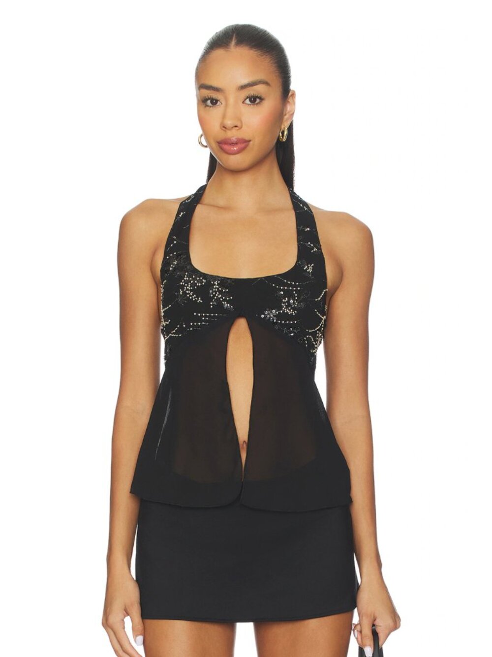 NEW superdown Akilah Halter Top in Black Sheer Cami Tank Silver Embellished S